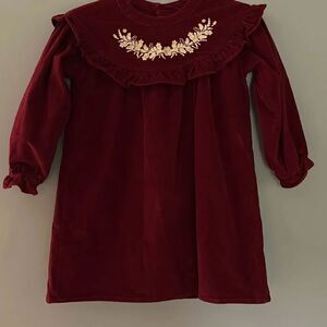 Christmas Corduroy Ruffled Dress with Gold Embroidery Lined 130 Sz 6-7 Girls